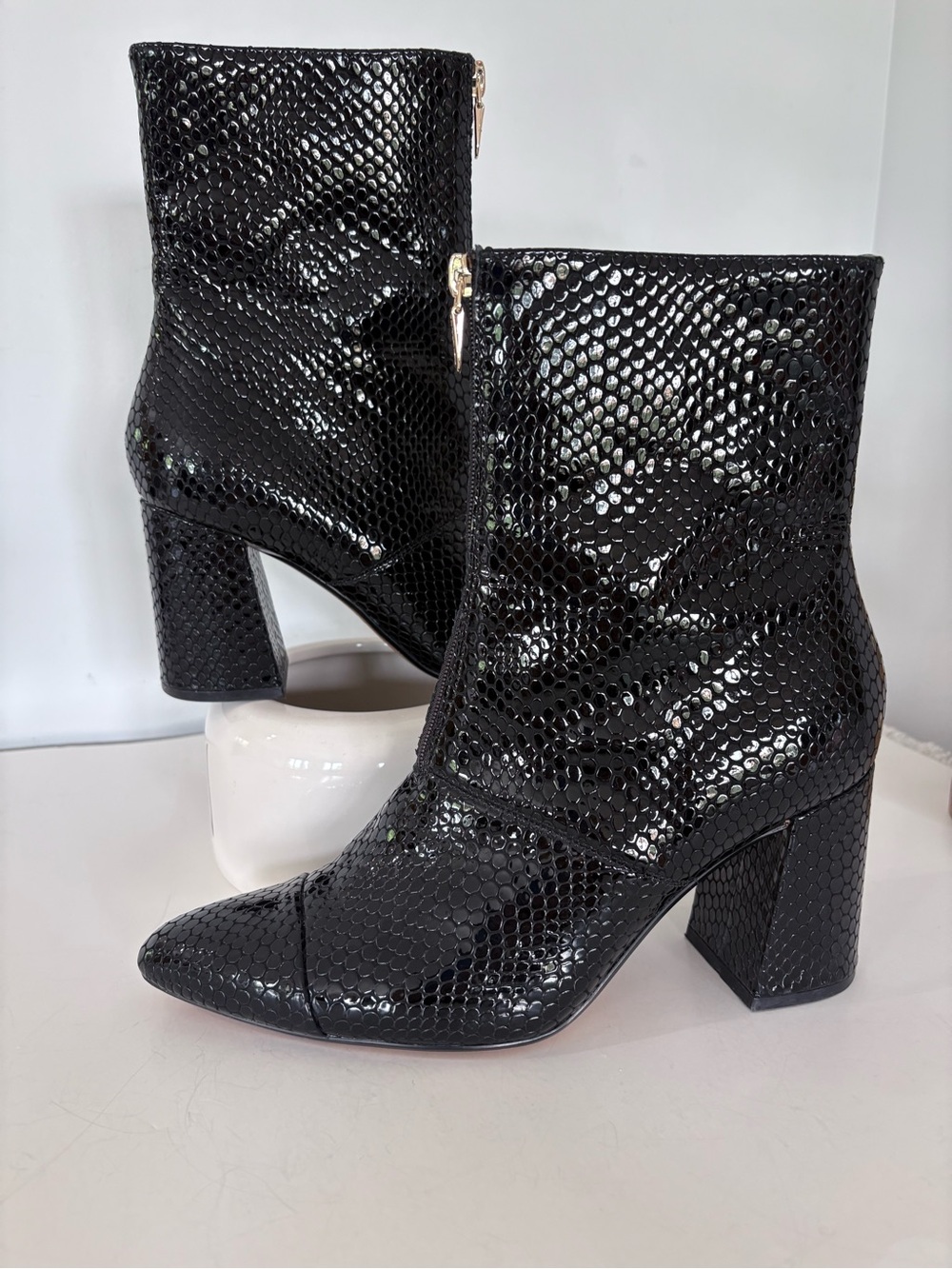 CLARKS 10 Black Reptile Patent Leather LAINA Ankle Boots 3” Block Heel Zip CITY